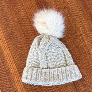 Joy Susan Cream Knit Beanie with Faux Fur Pom